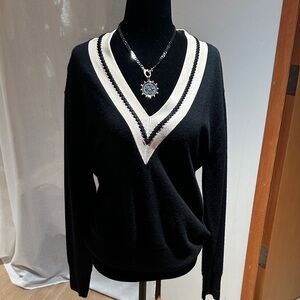 Sandro Black and Cream V-Neck Sweater